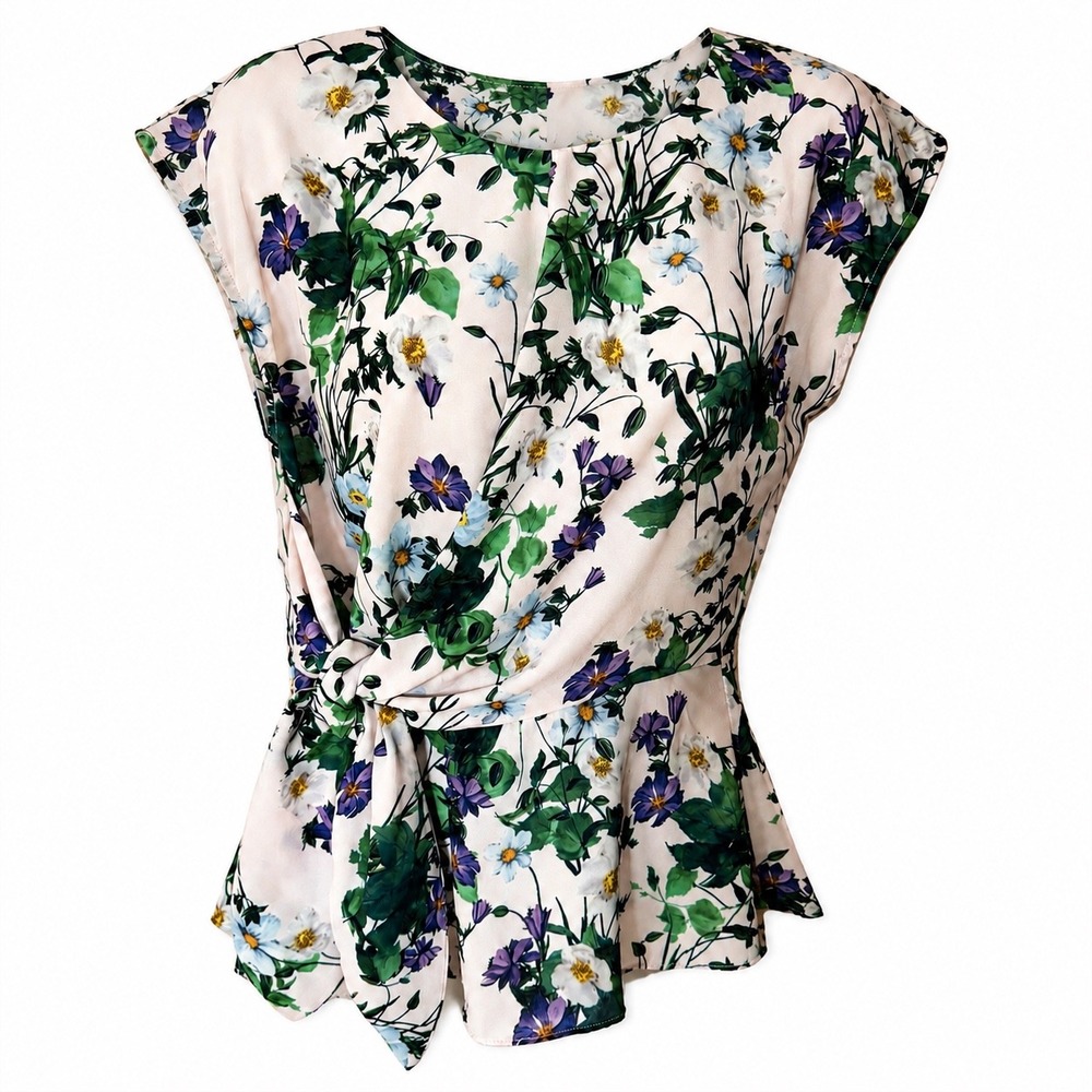 Tristan Floral Peplum Wrap Tie Blouse Pink Purple Sleeveless Small FV010C2151